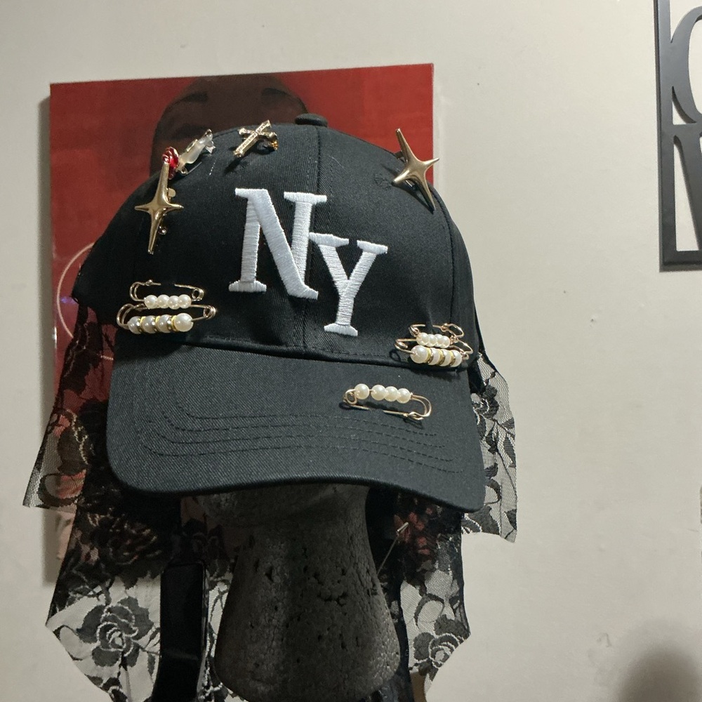 Fashion Nova Black Cap with Gold and White Embellishments